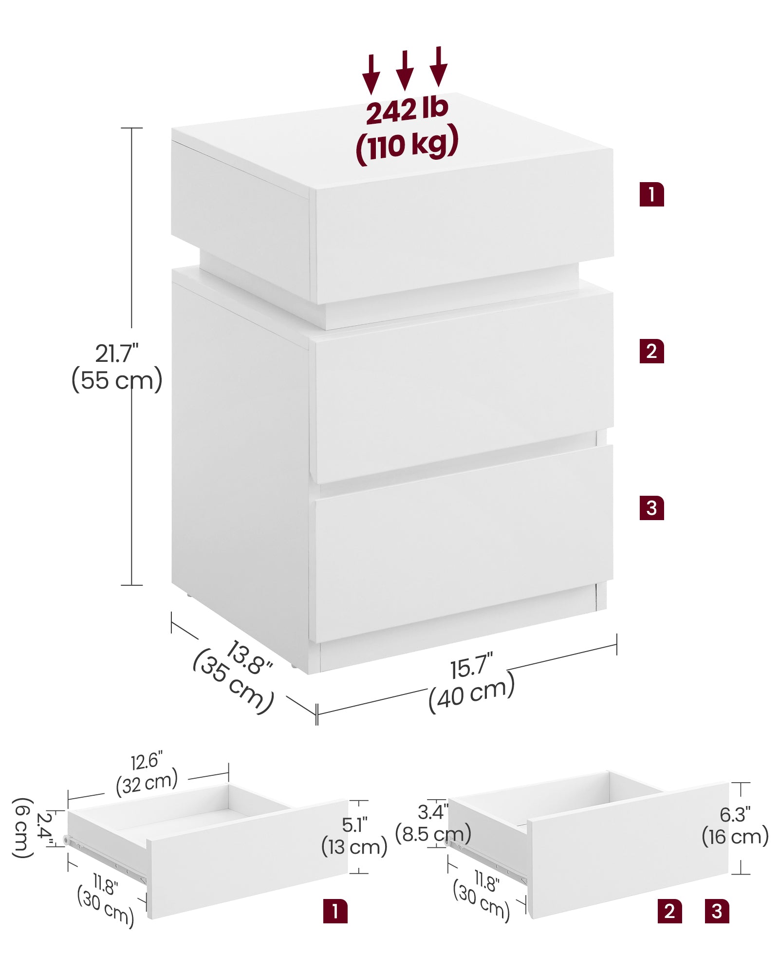 Bedside Table – Wood – Cloud White – Modern Design with LED Lights and 3 Drawers