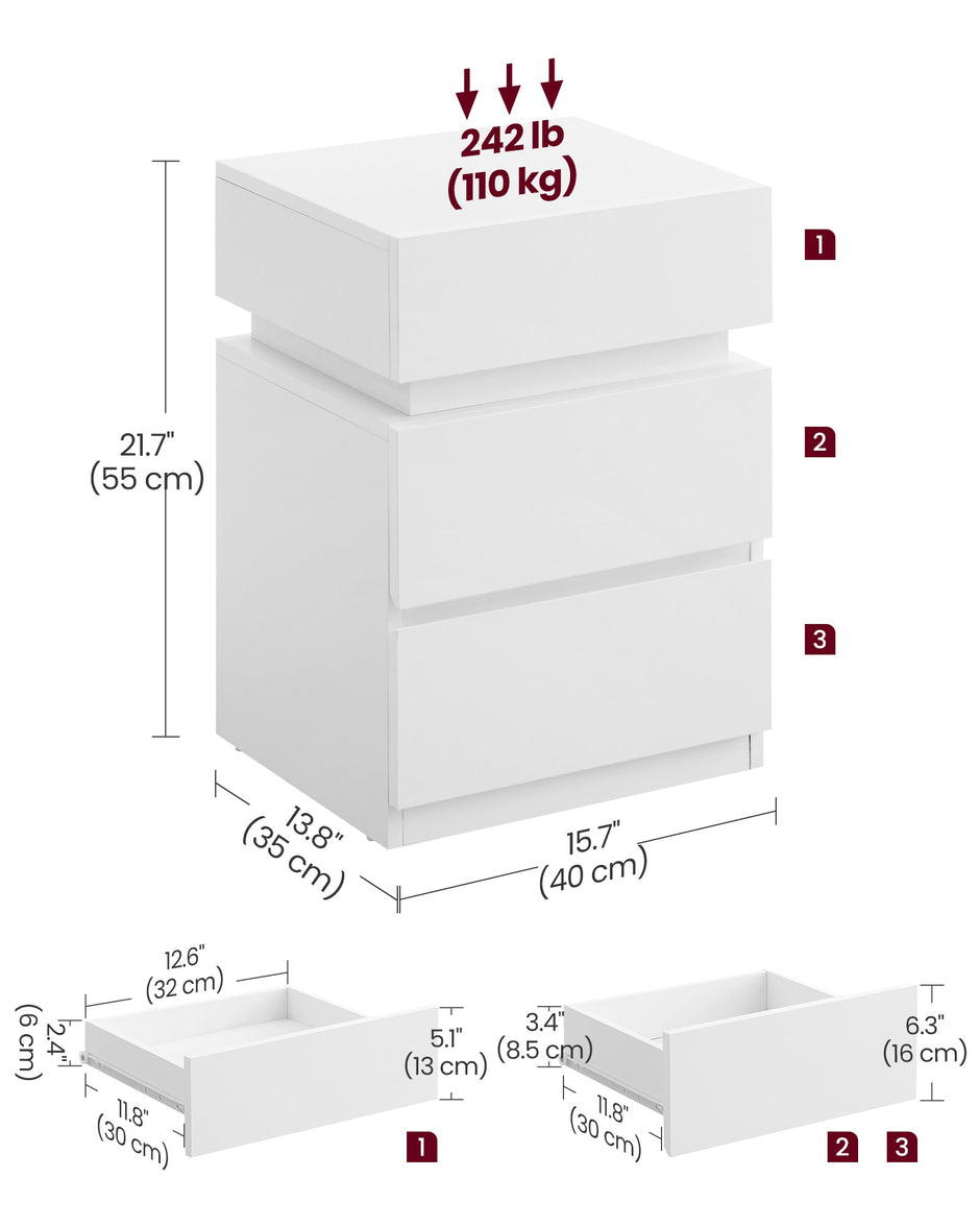 Bedside Table – Wood – Cloud White – Modern Design with LED Lights and 3 Drawers