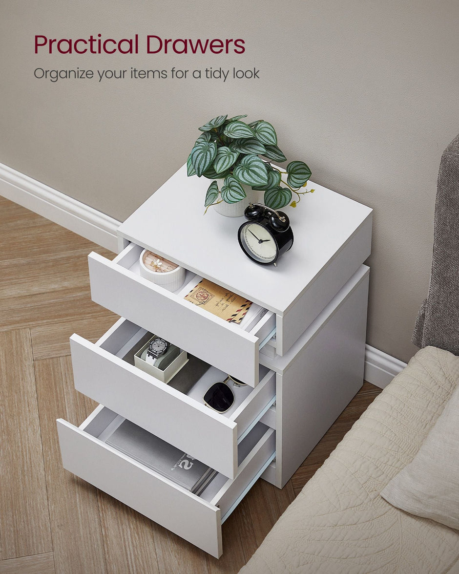 Bedside Table – Wood – Cloud White – Modern Design with LED Lights and 3 Drawers