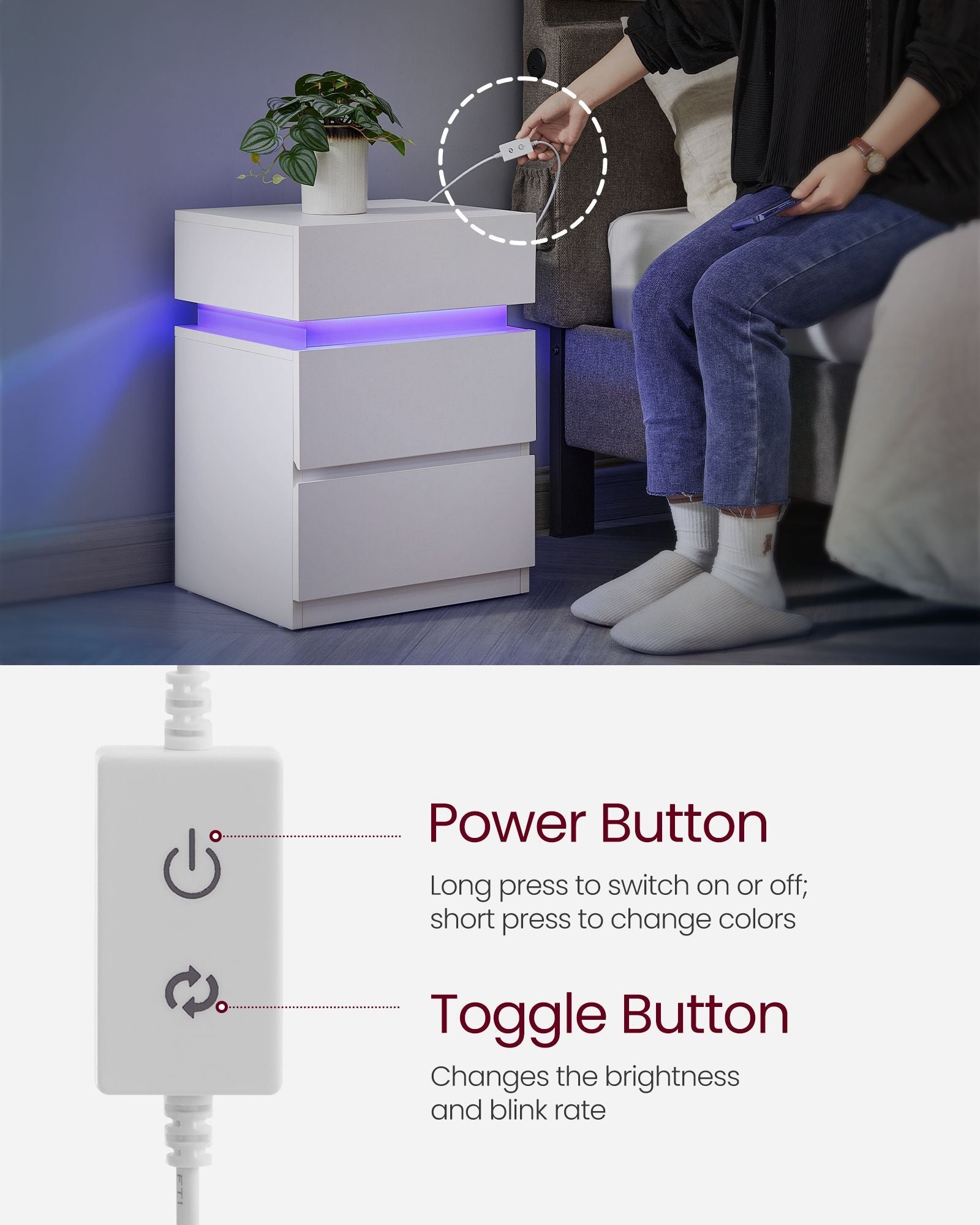 Bedside Table – Wood – Cloud White – Modern Design with LED Lights and 3 Drawers