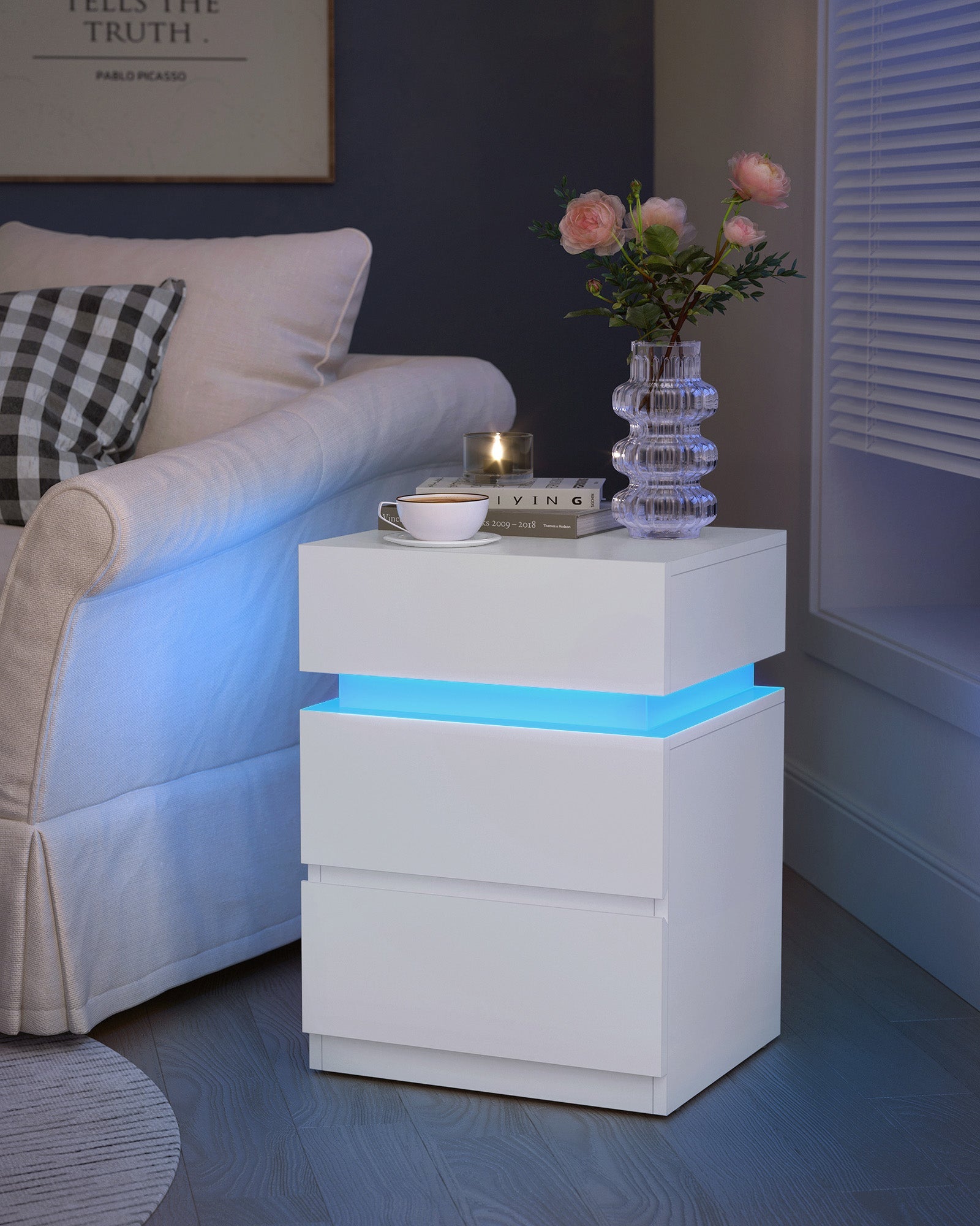 Bedside Table – Wood – Cloud White – Modern Design with LED Lights and 3 Drawers