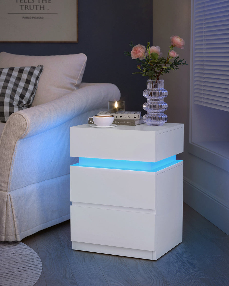 Bedside Table – Wood – Cloud White – Modern Design with LED Lights and 3 Drawers