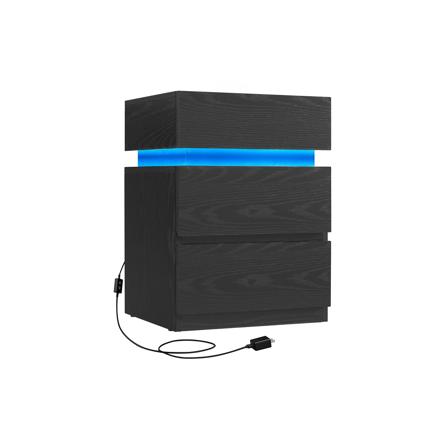 Bedside Table – Wood – Ebony Black – LED Lights with Adjustable Colors and 3 Drawers