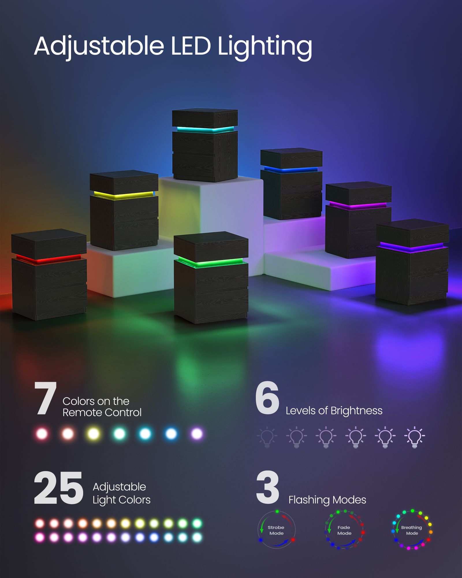 Bedside Table – Wood – Ebony Black – LED Lights with Adjustable Colors and 3 Drawers