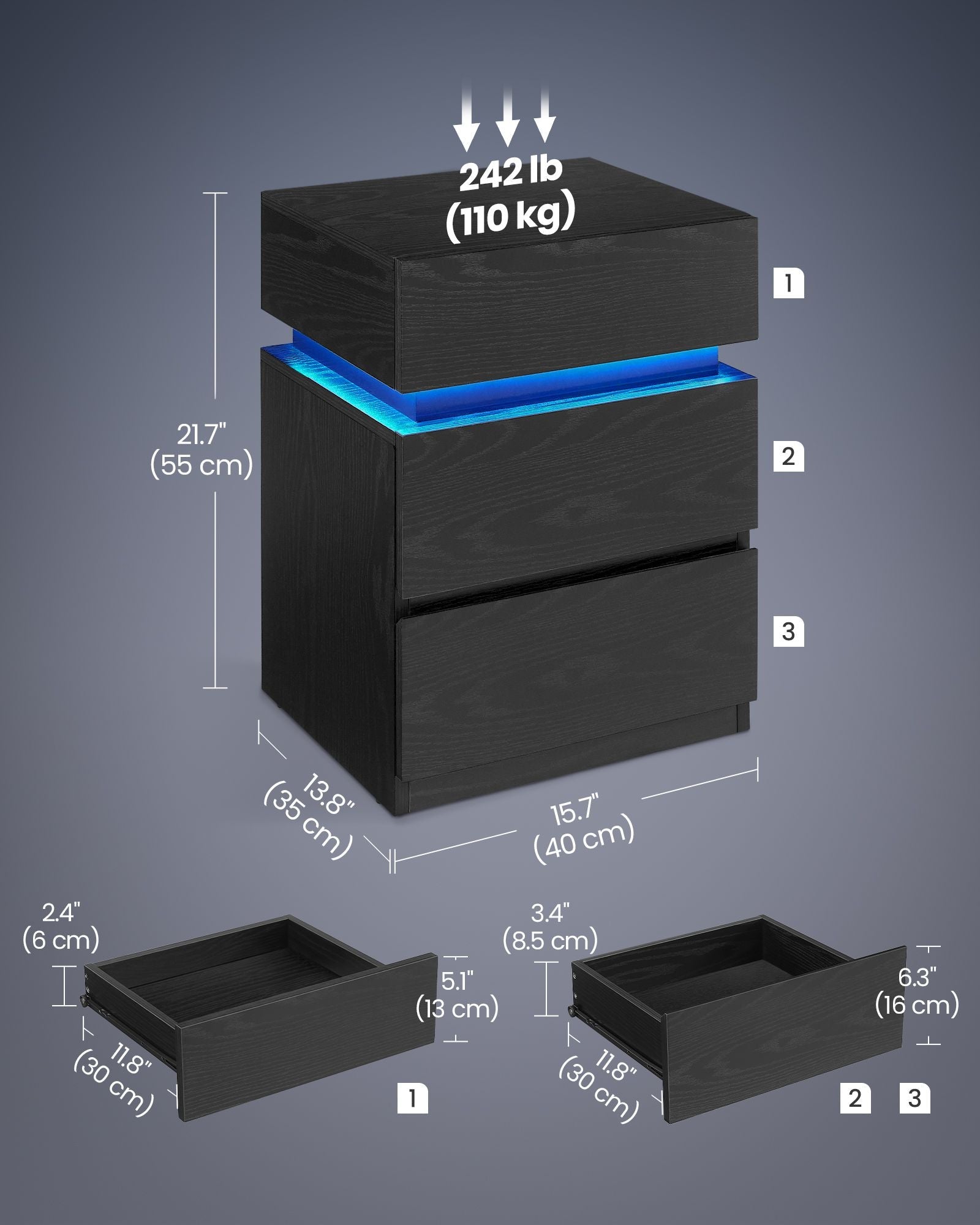 Bedside Table – Wood – Ebony Black – LED Lights with Adjustable Colors and 3 Drawers