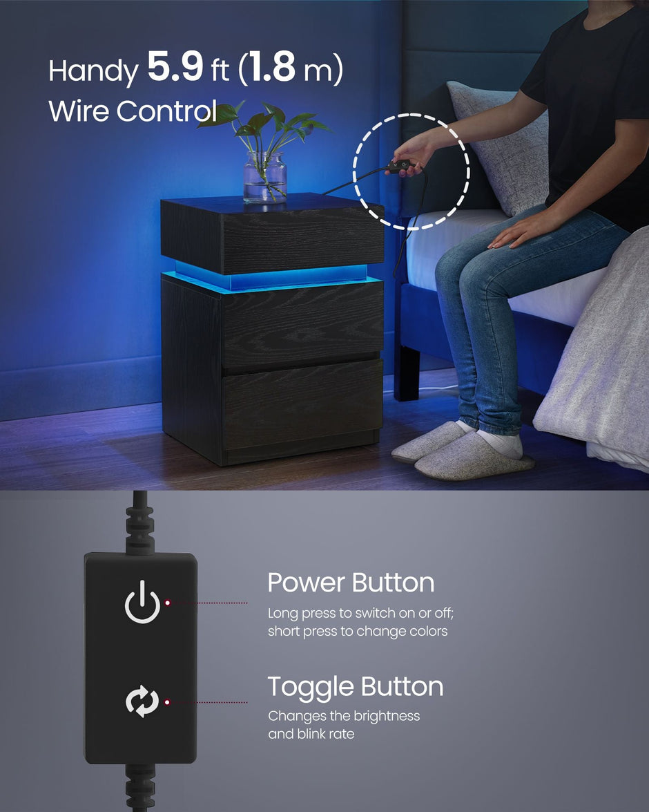 Bedside Table – Wood – Ebony Black – LED Lights with Adjustable Colors and 3 Drawers