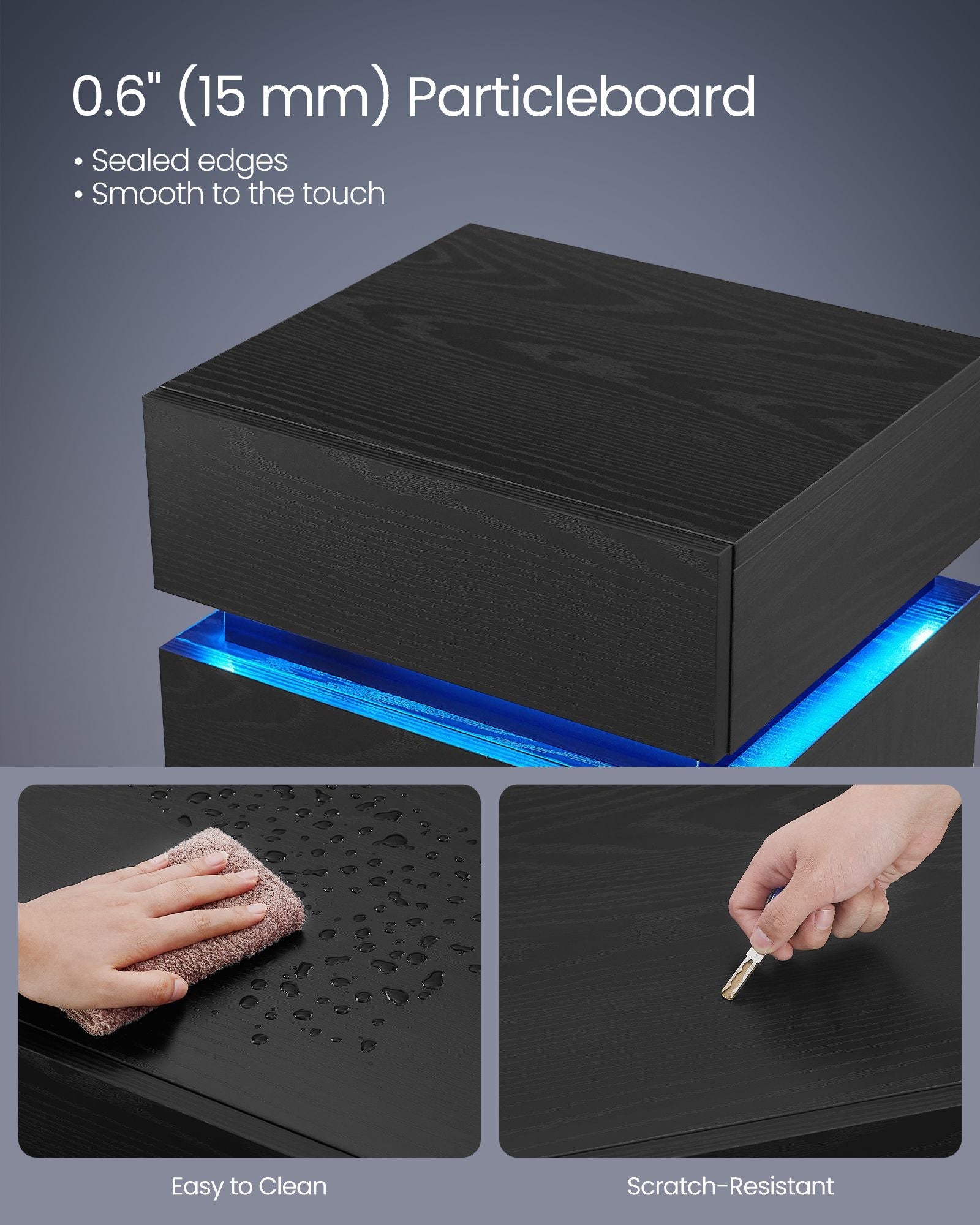 Bedside Table – Wood – Ebony Black – LED Lights with Adjustable Colors and 3 Drawers