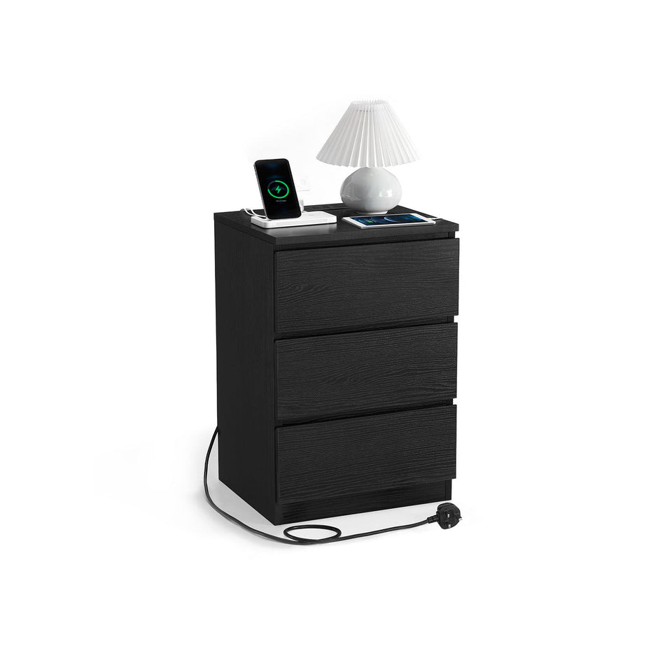 Bedside Table – Engineered Wood – Ebony Black – 3 Drawers with Charging Station