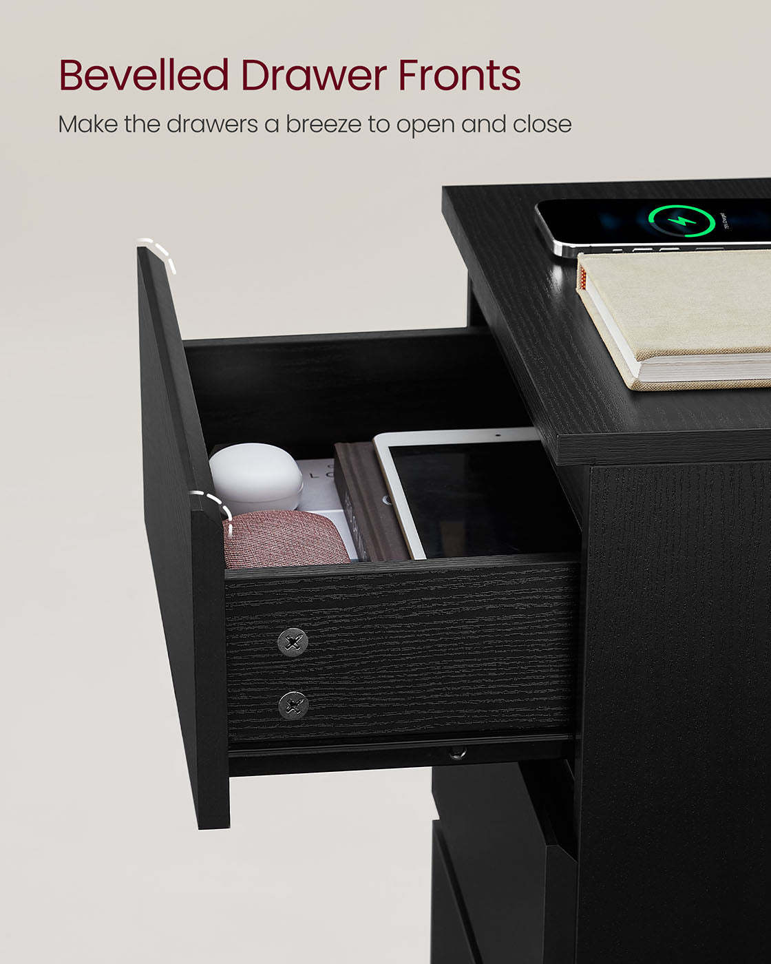 Bedside Table – Engineered Wood – Ebony Black – 3 Drawers with Charging Station