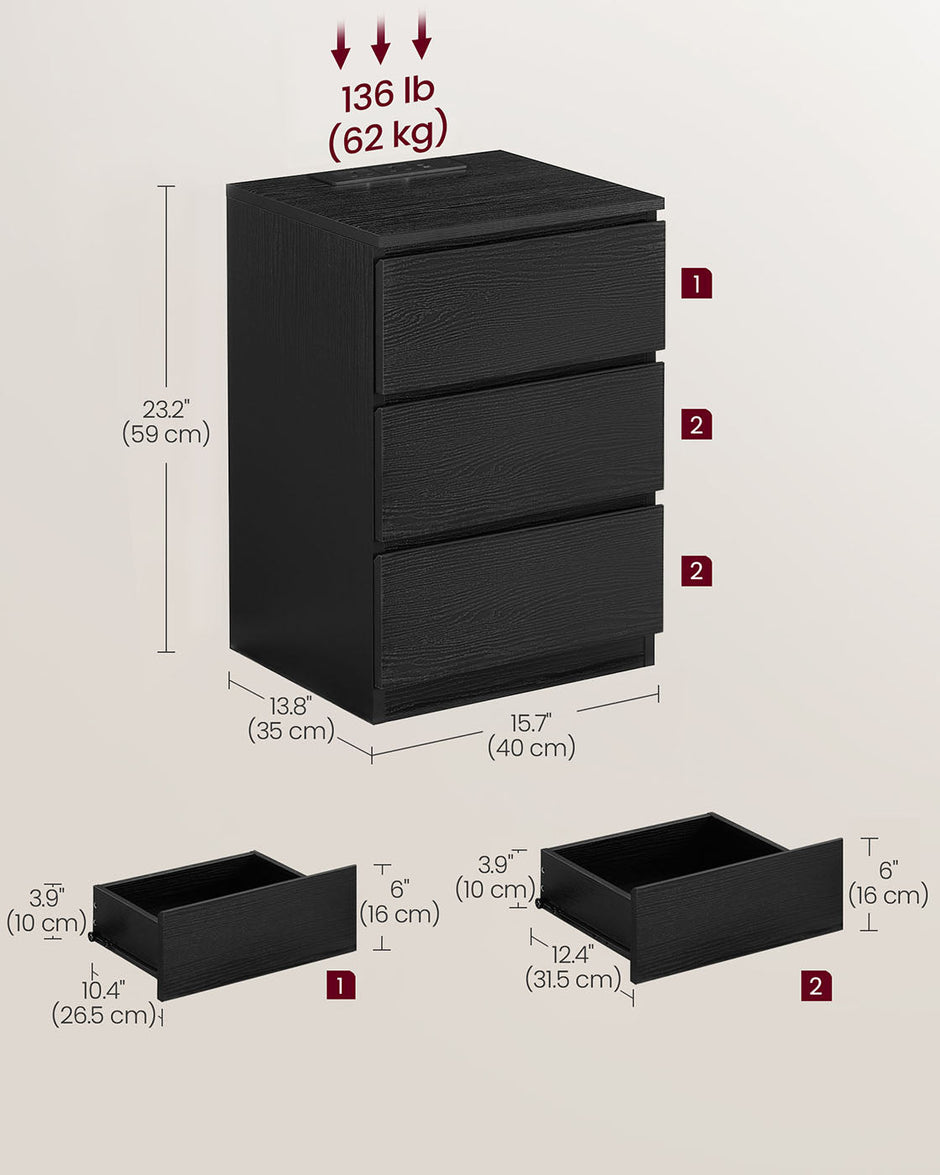 Bedside Table – Engineered Wood – Ebony Black – 3 Drawers with Charging Station