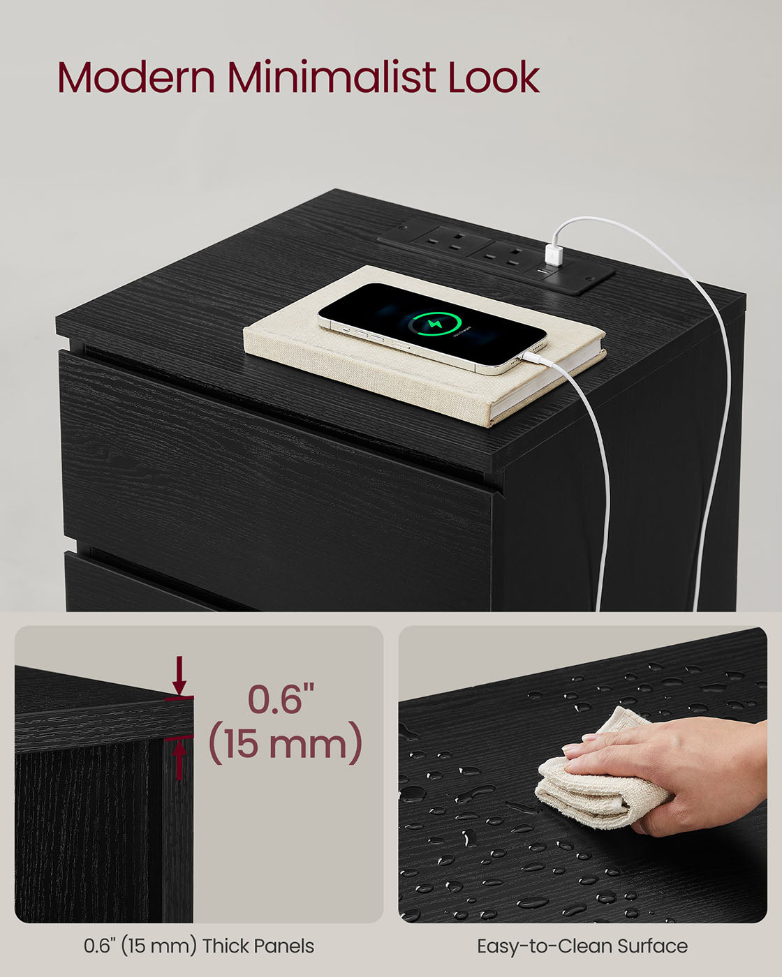 Bedside Table – Engineered Wood – Ebony Black – 3 Drawers with Charging Station