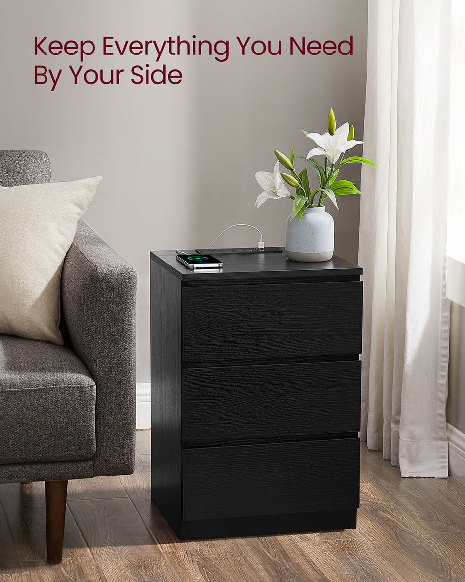 Bedside Table – Engineered Wood – Ebony Black – 3 Drawers with Charging Station