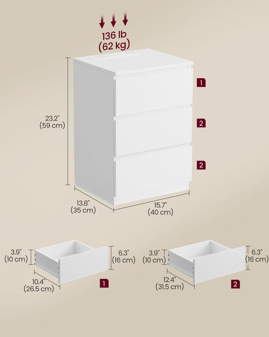 Nightstand – Wood – Cloud White – Features Charging Station and Drawers