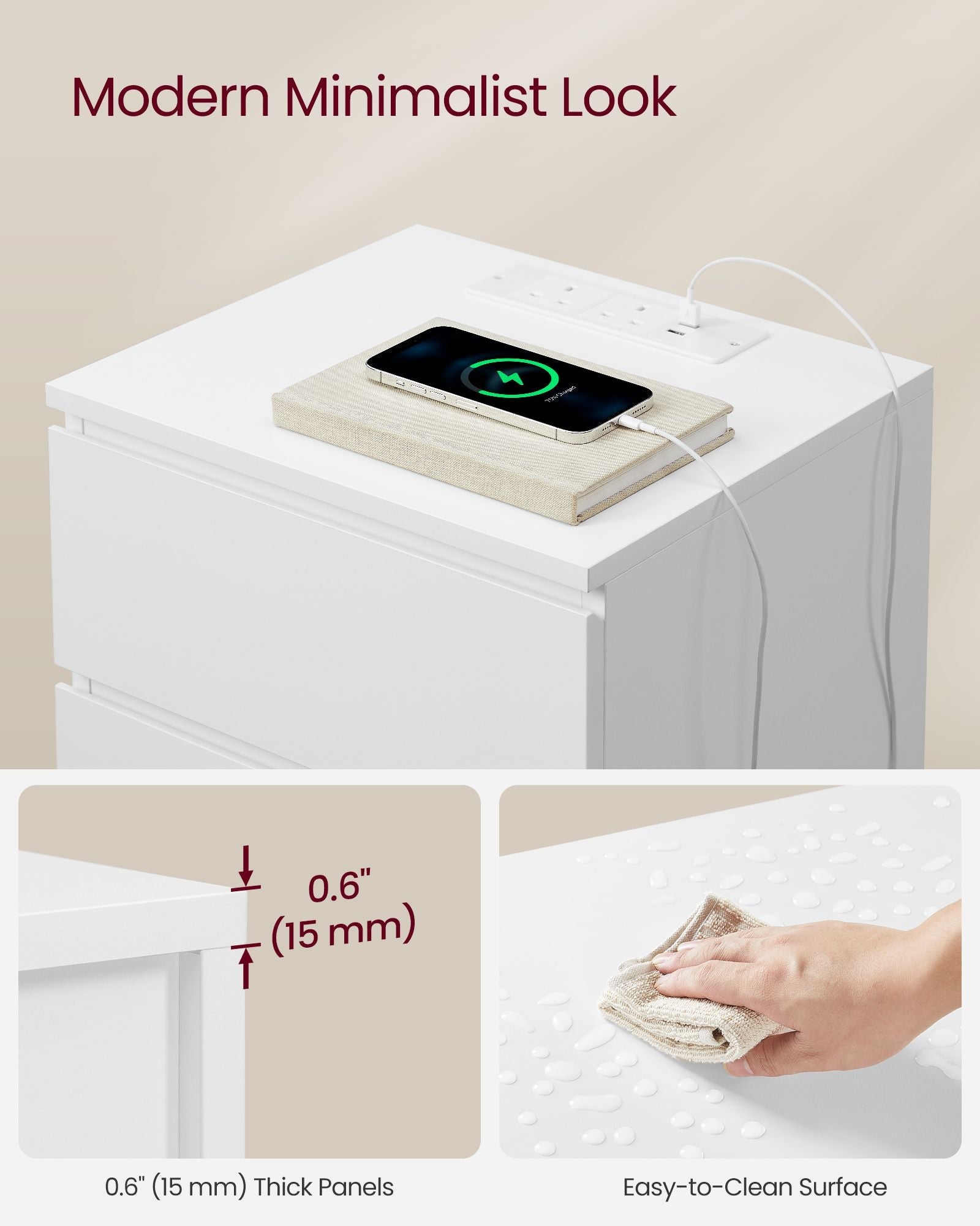 Nightstand – Wood – Cloud White – Features Charging Station and Drawers
