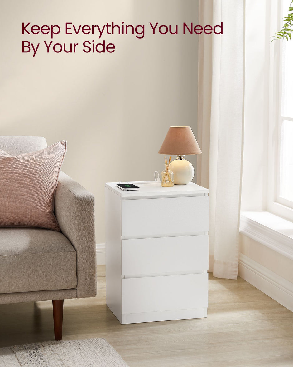 Nightstand – Wood – Cloud White – Features Charging Station and Drawers