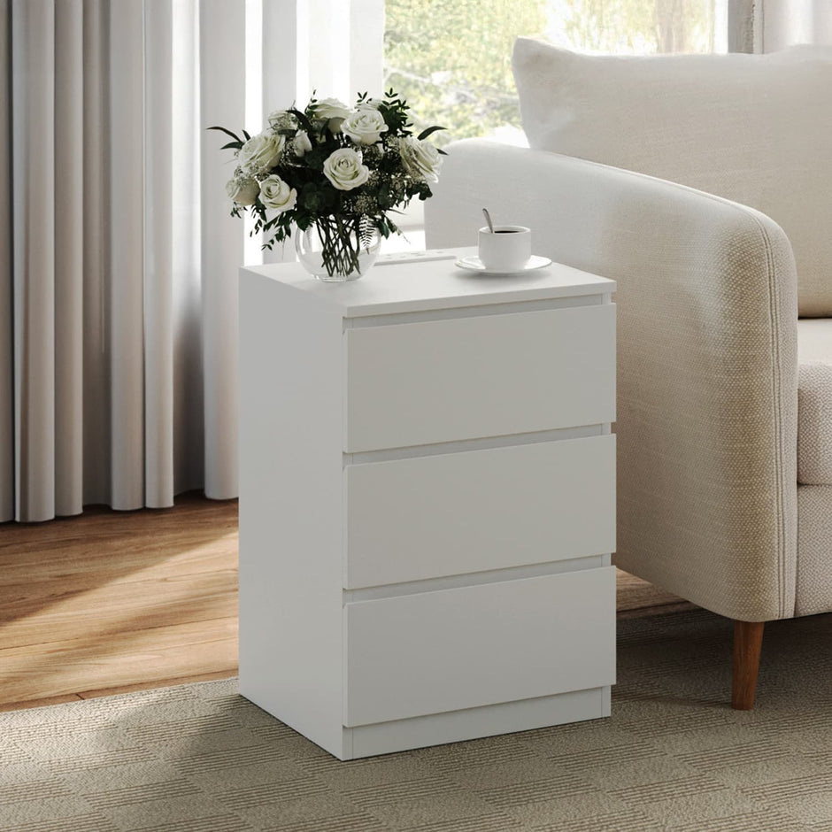 Side End Table – Wood – Cloud White – Modern Design with 3 Drawers and Charging Station