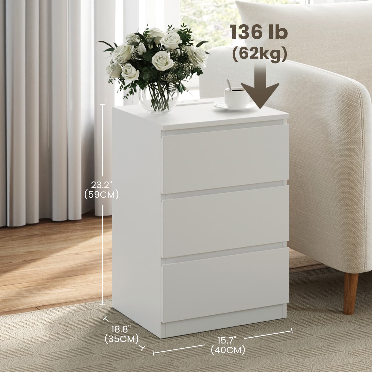 Side End Table – Wood – Cloud White – Modern Design with 3 Drawers and Charging Station