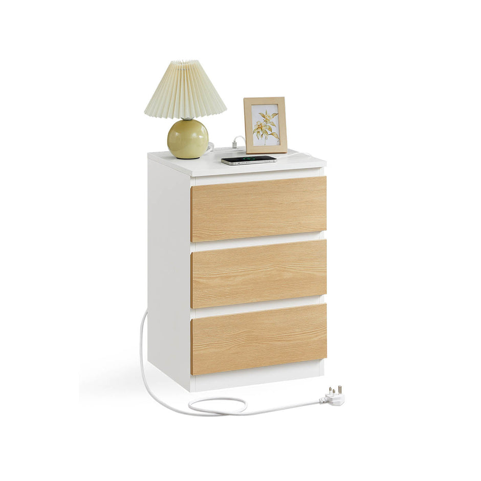 Bedside Table – Engineered Wood – Cloud White and Almond Yellow – Integrated Charging Station