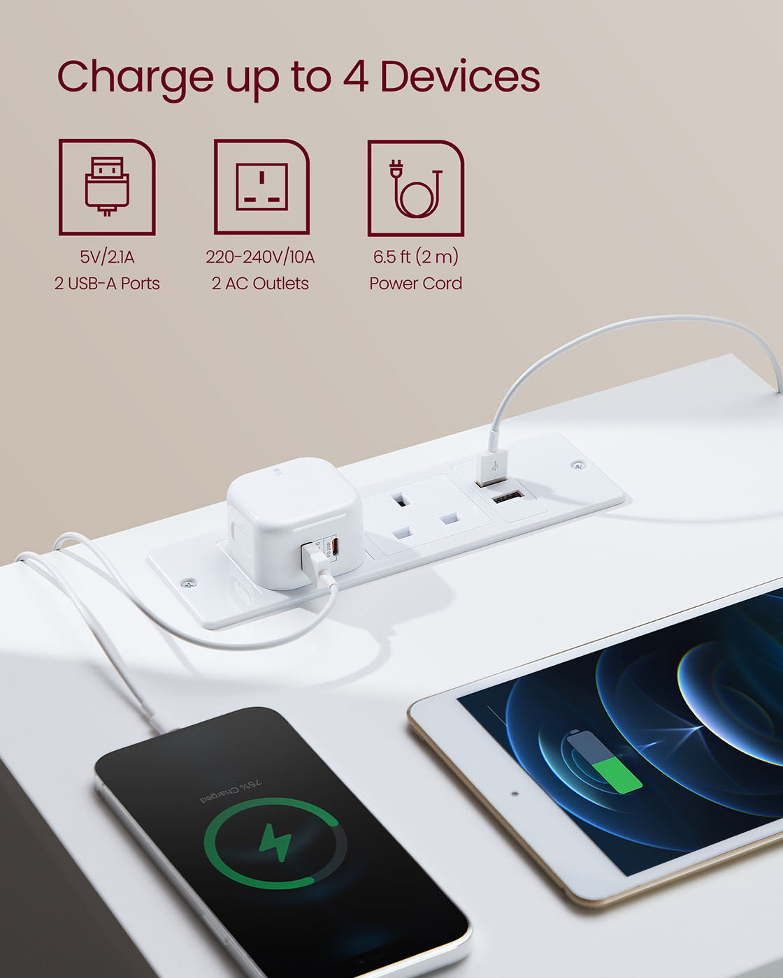 Bedside Table – Engineered Wood – Cloud White and Almond Yellow – Integrated Charging Station