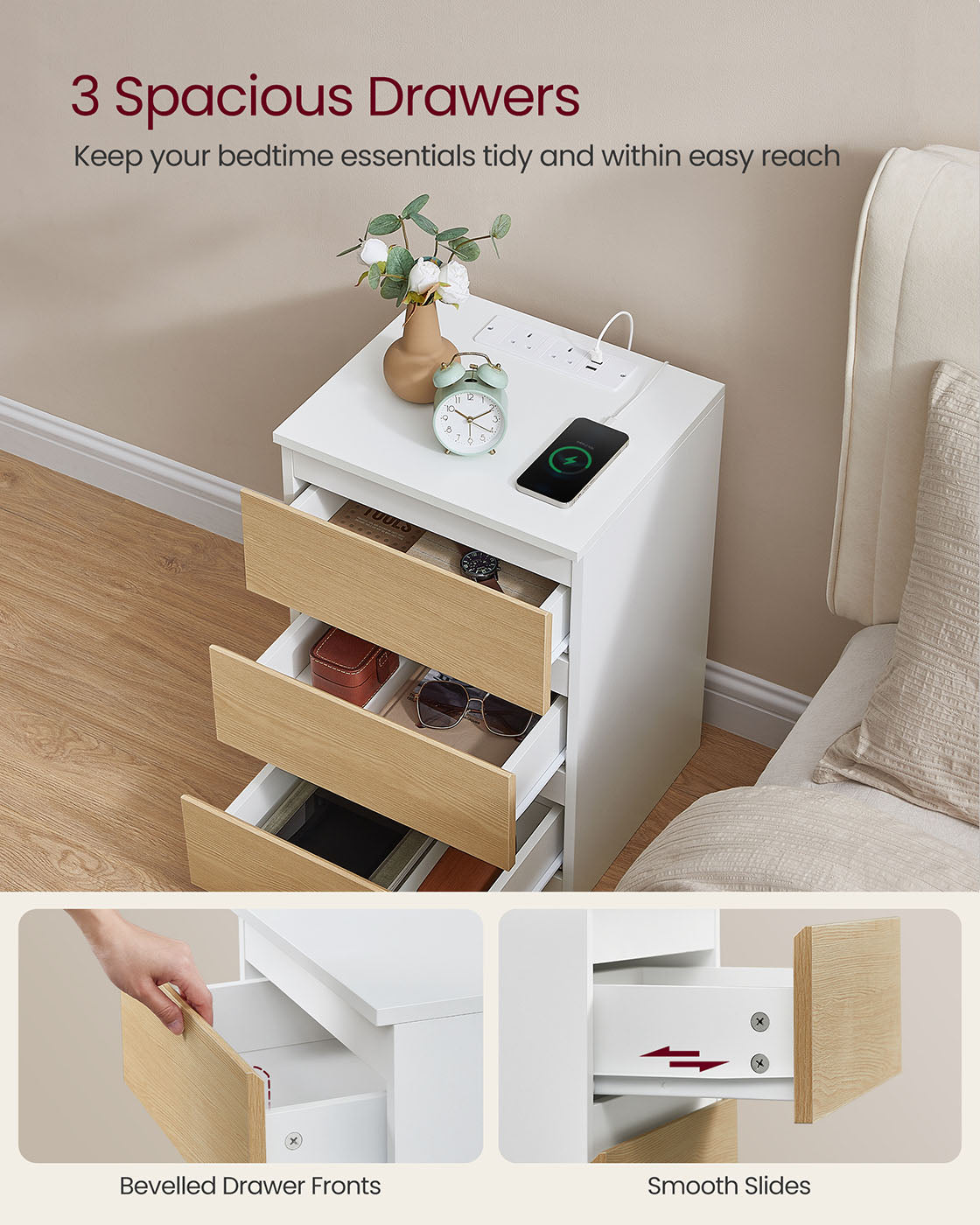 Bedside Table – Engineered Wood – Cloud White and Almond Yellow – Integrated Charging Station