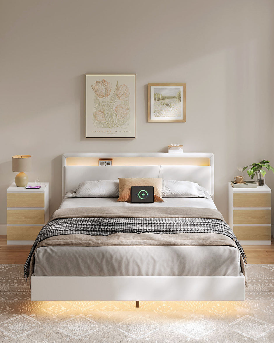 Bedside Table – Engineered Wood – Cloud White and Almond Yellow – Integrated Charging Station