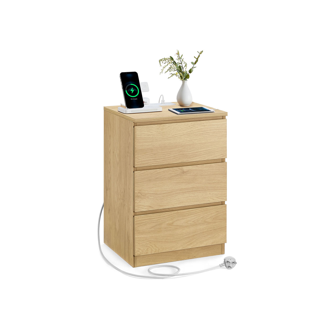 Bedside Table – Wood – Straw Yellow – With Charging Station and Drawers