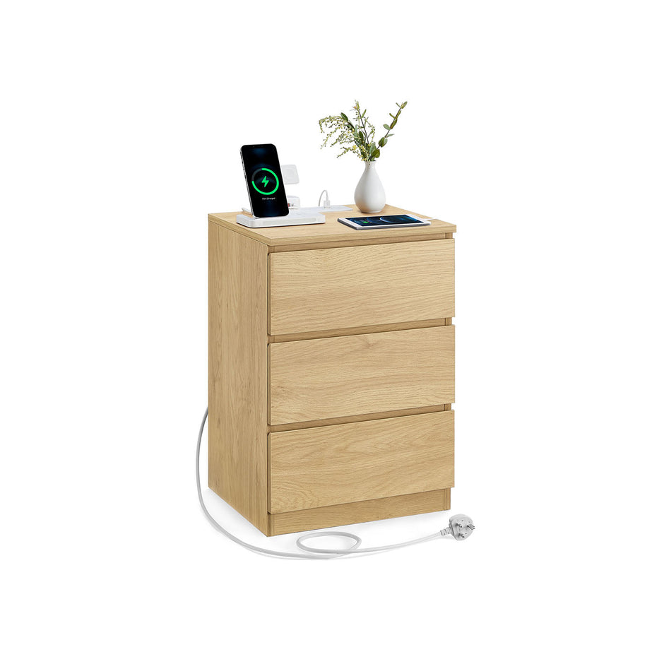 Bedside Table – Wood – Straw Yellow – With Charging Station and Drawers