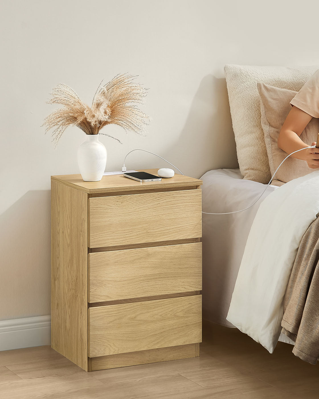 Bedside Table – Wood – Straw Yellow – With Charging Station and Drawers