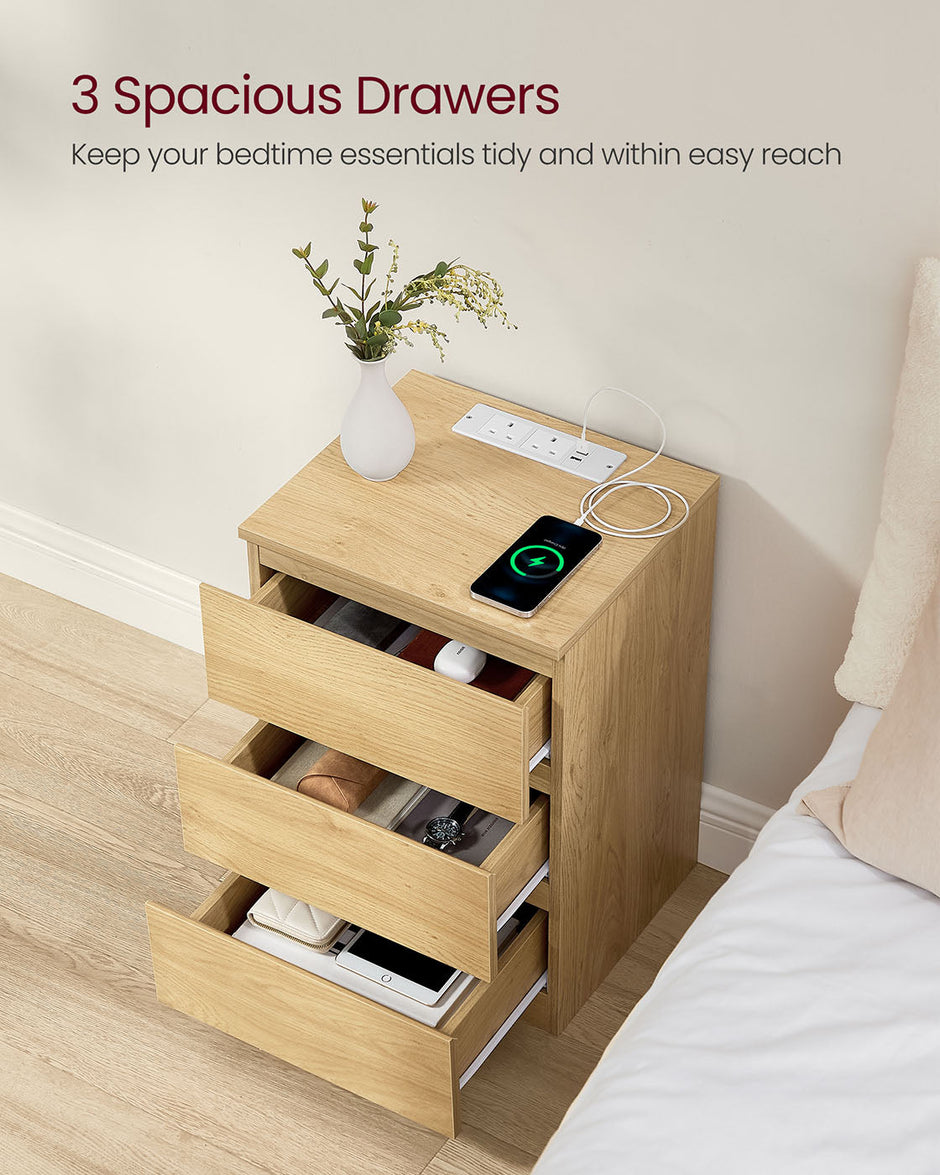 Bedside Table – Wood – Straw Yellow – With Charging Station and Drawers