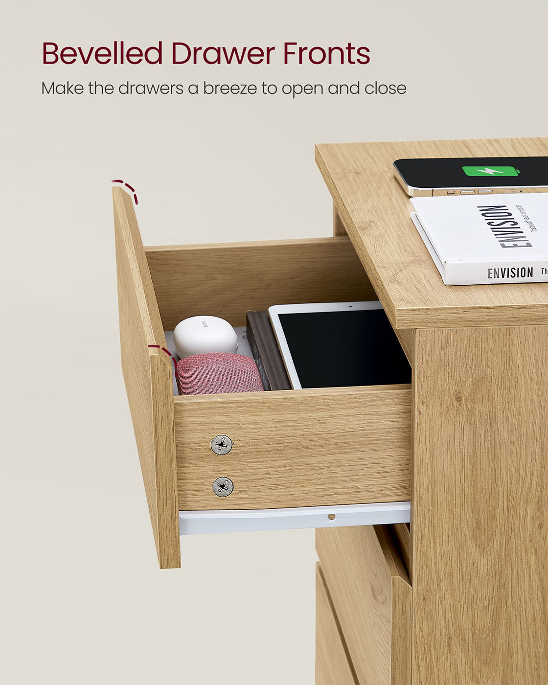 Bedside Table – Wood – Straw Yellow – With Charging Station and Drawers