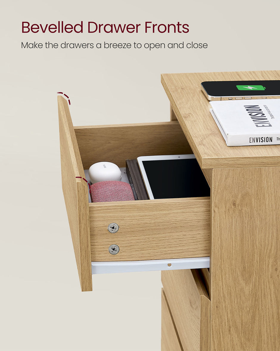 Bedside Table – Wood – Straw Yellow – With Charging Station and Drawers