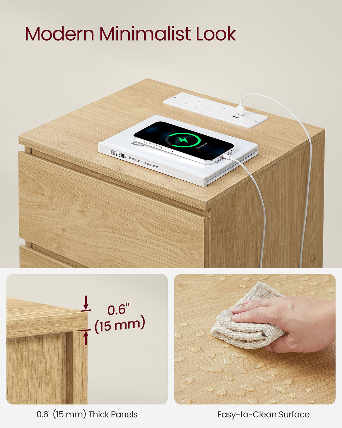 Bedside Table – Wood – Straw Yellow – With Charging Station and Drawers