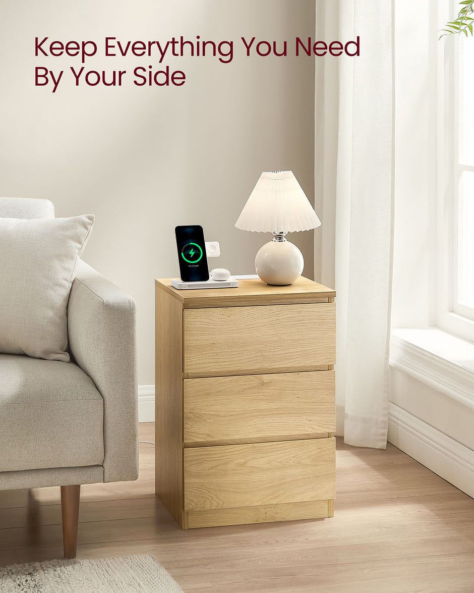 Bedside Table – Wood – Straw Yellow – With Charging Station and Drawers