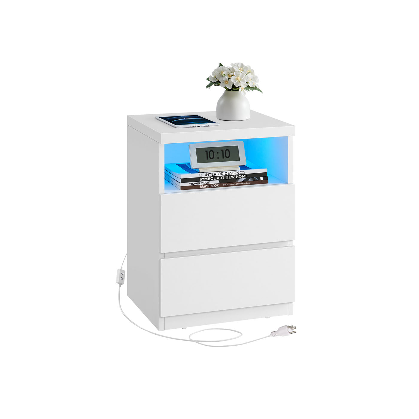 Nightstand – Wood – White – Modern Minimalist with Adjustable LED Light and Drawers