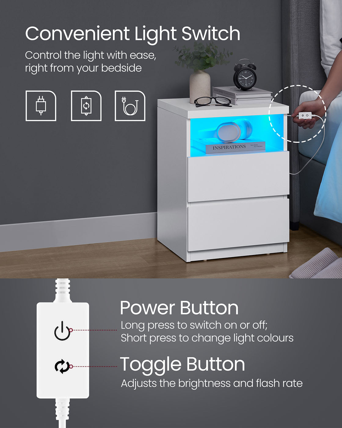 Nightstand – Wood – White – Modern Minimalist with Adjustable LED Light and Drawers