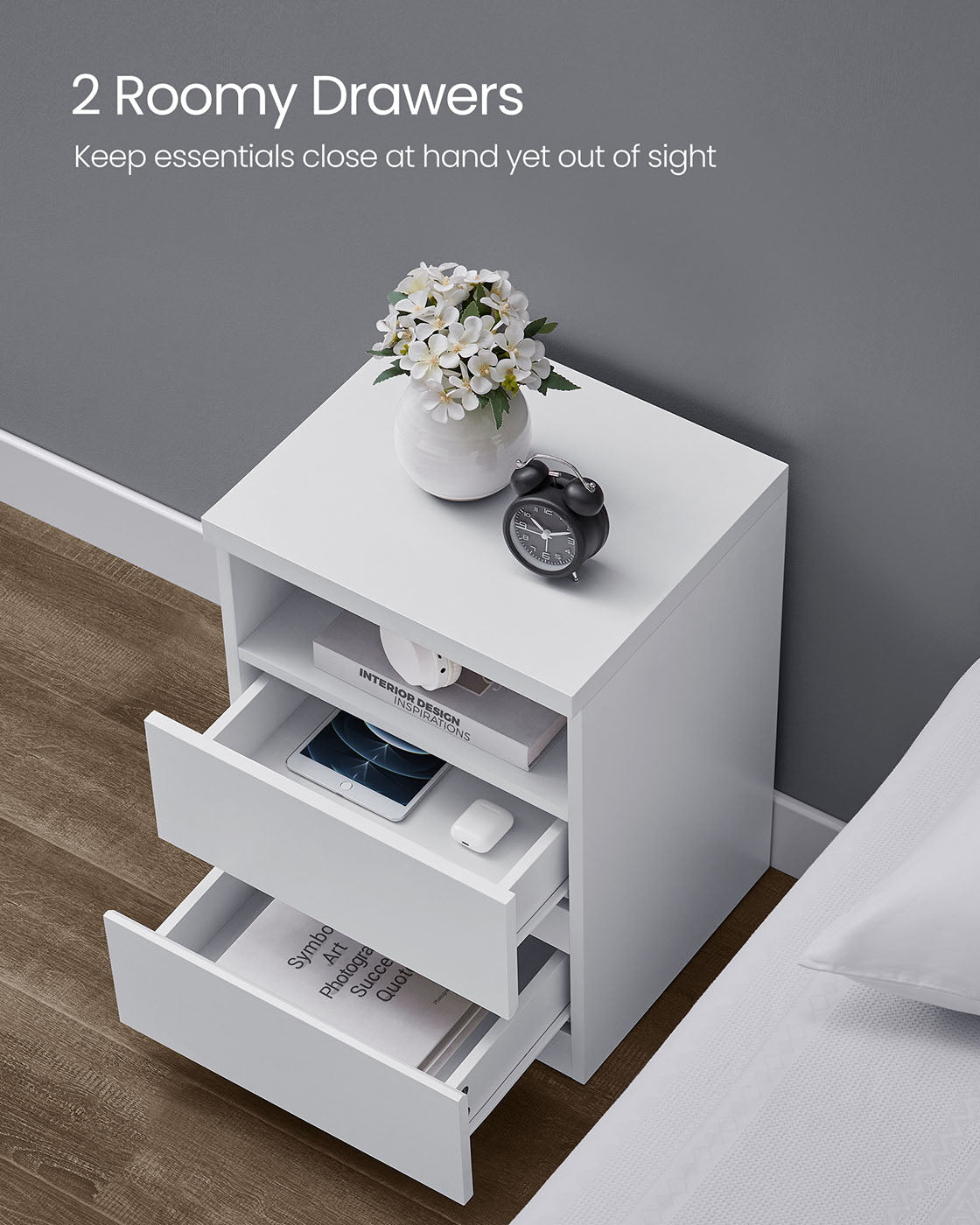 Nightstand – Wood – White – Modern Minimalist with Adjustable LED Light and Drawers