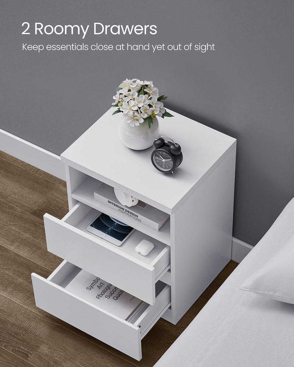 Nightstand – Wood – White – Modern Minimalist with Adjustable LED Light and Drawers