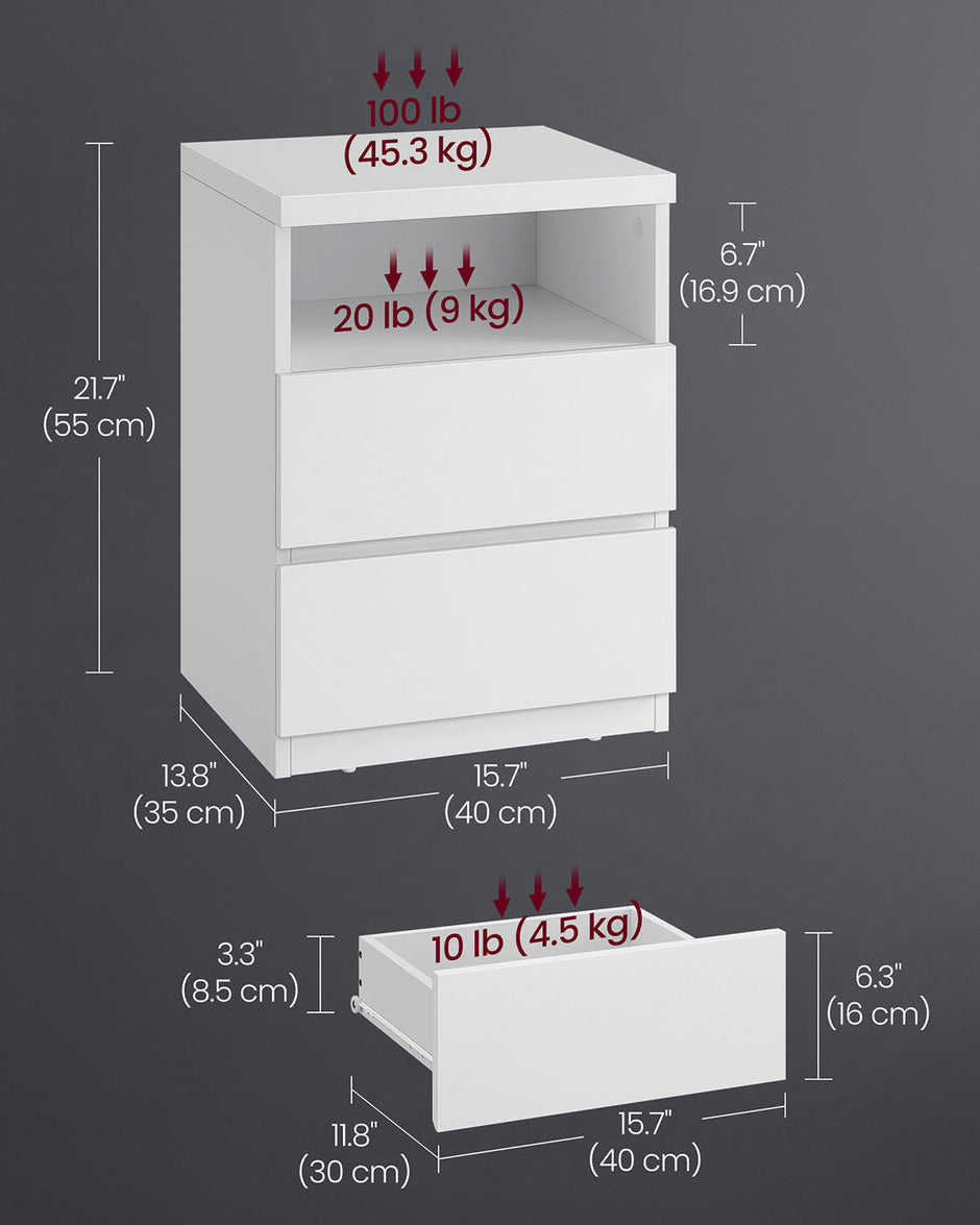 Nightstand – Wood – White – Modern Minimalist with Adjustable LED Light and Drawers