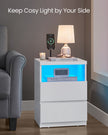Nightstand – Wood – White – Modern Minimalist with Adjustable LED Light and Drawers