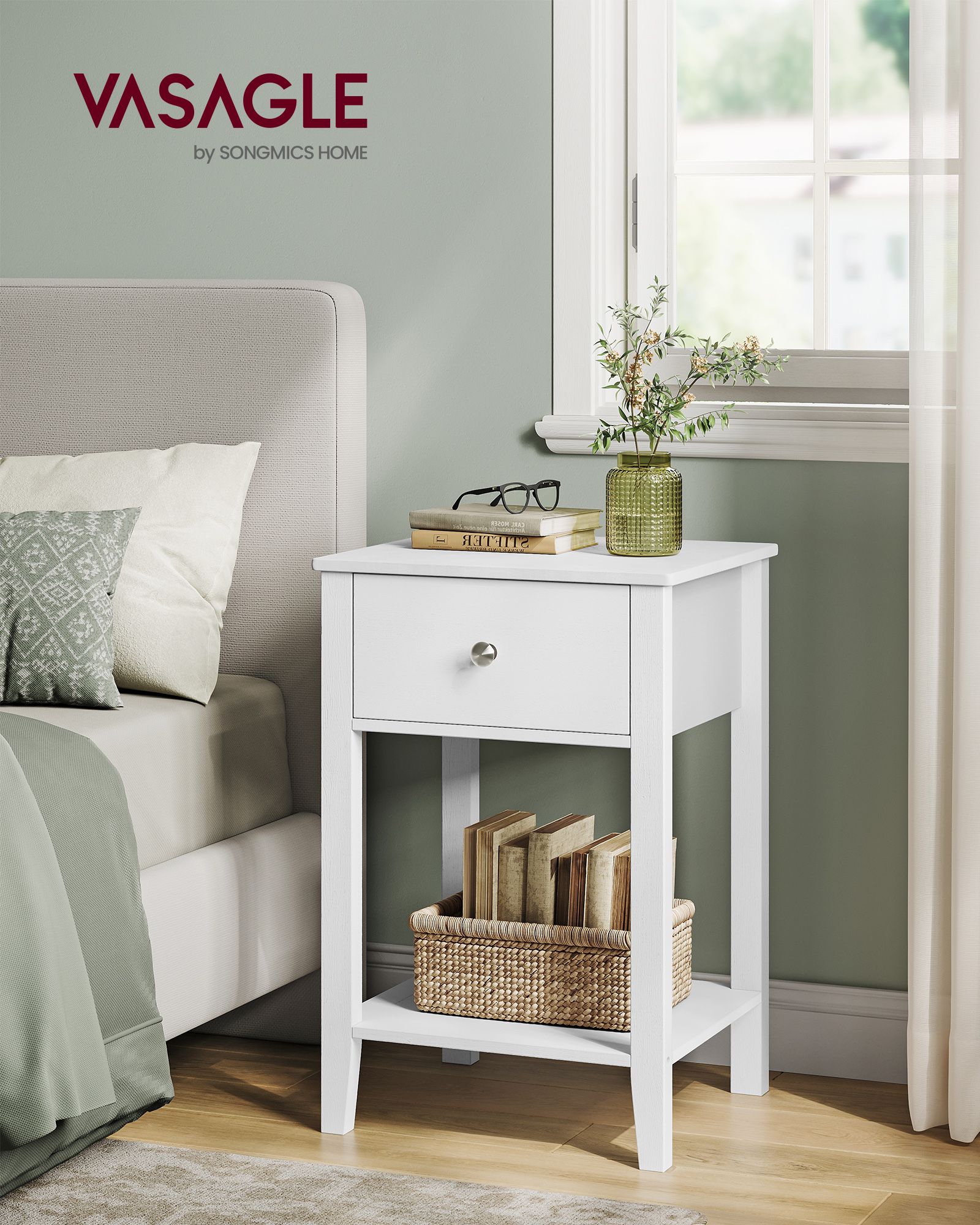 Bamboo Bedside Table – Cloud White – Minimalist Design with Storage Drawer and Open Shelf