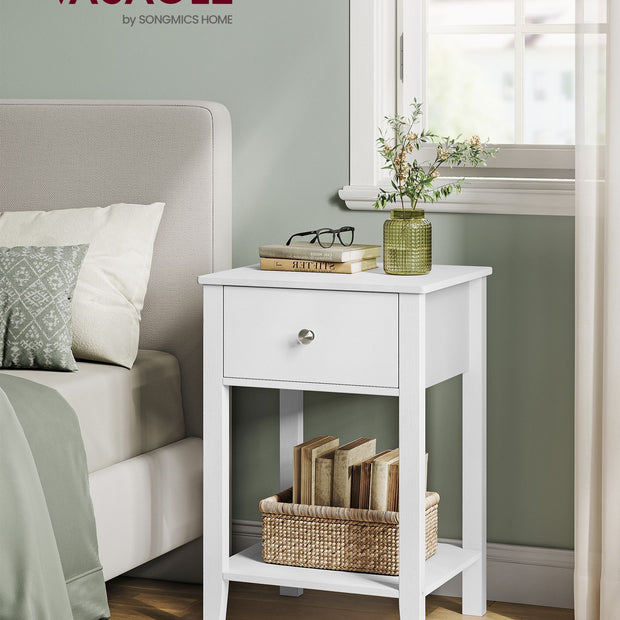 Bamboo Bedside Table – Cloud White – Minimalist Design with Storage Drawer and Open Shelf