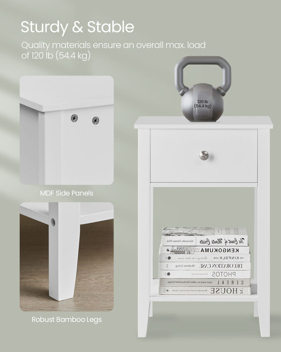 Bamboo Bedside Table – Cloud White – Minimalist Design with Storage Drawer and Open Shelf