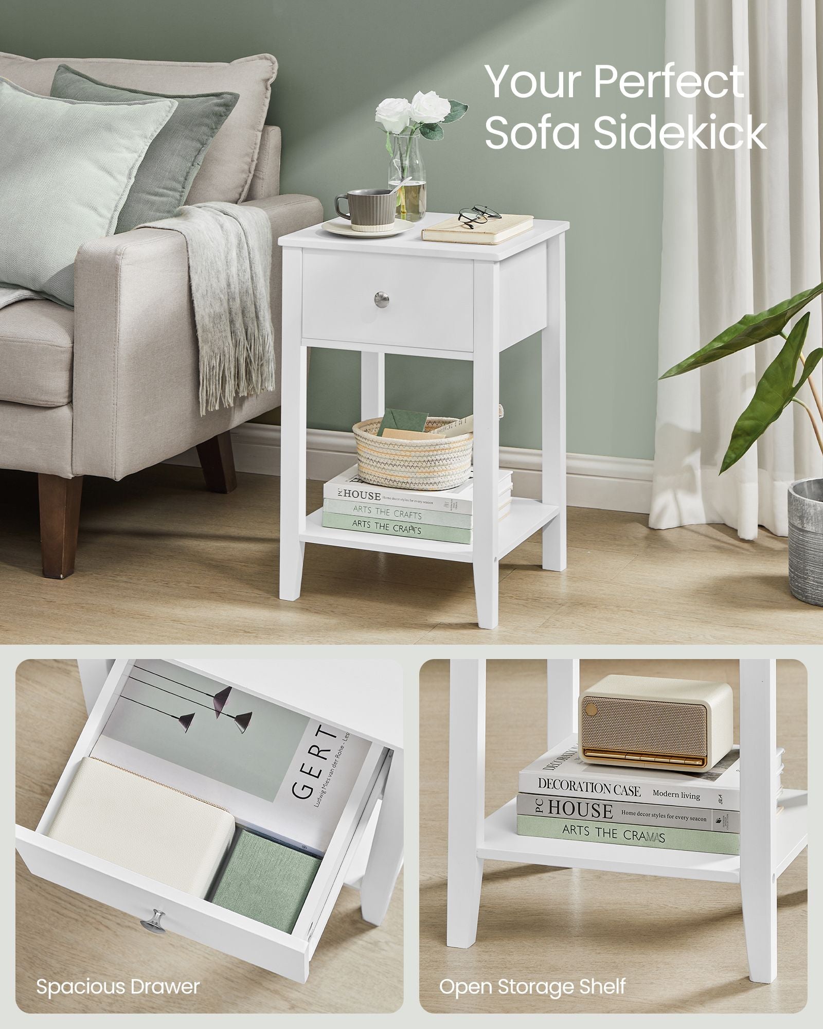 Bamboo Bedside Table – Cloud White – Minimalist Design with Storage Drawer and Open Shelf