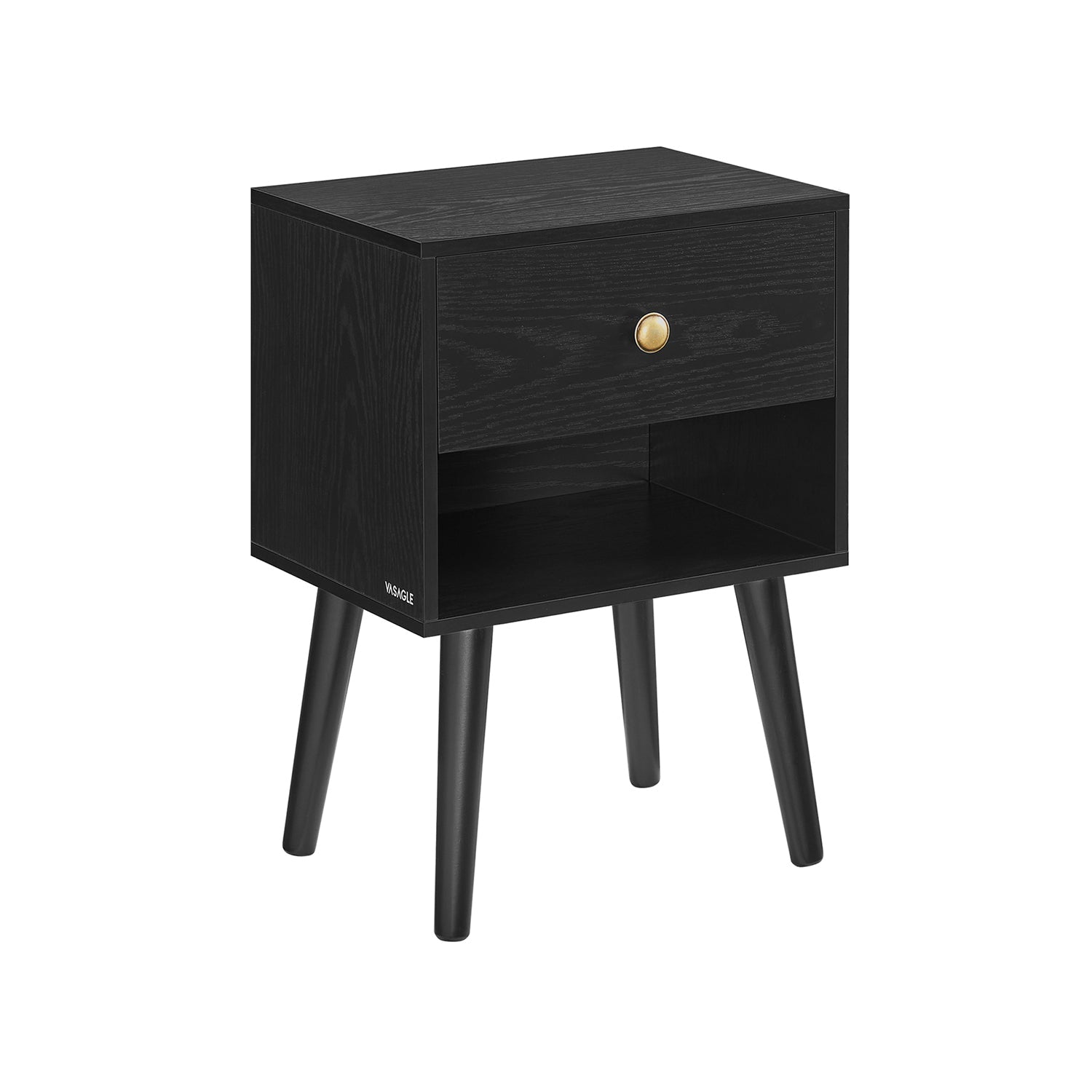 Bedside Table – Solid Wood – Ebony Black – Storage Drawer and Open Shelf