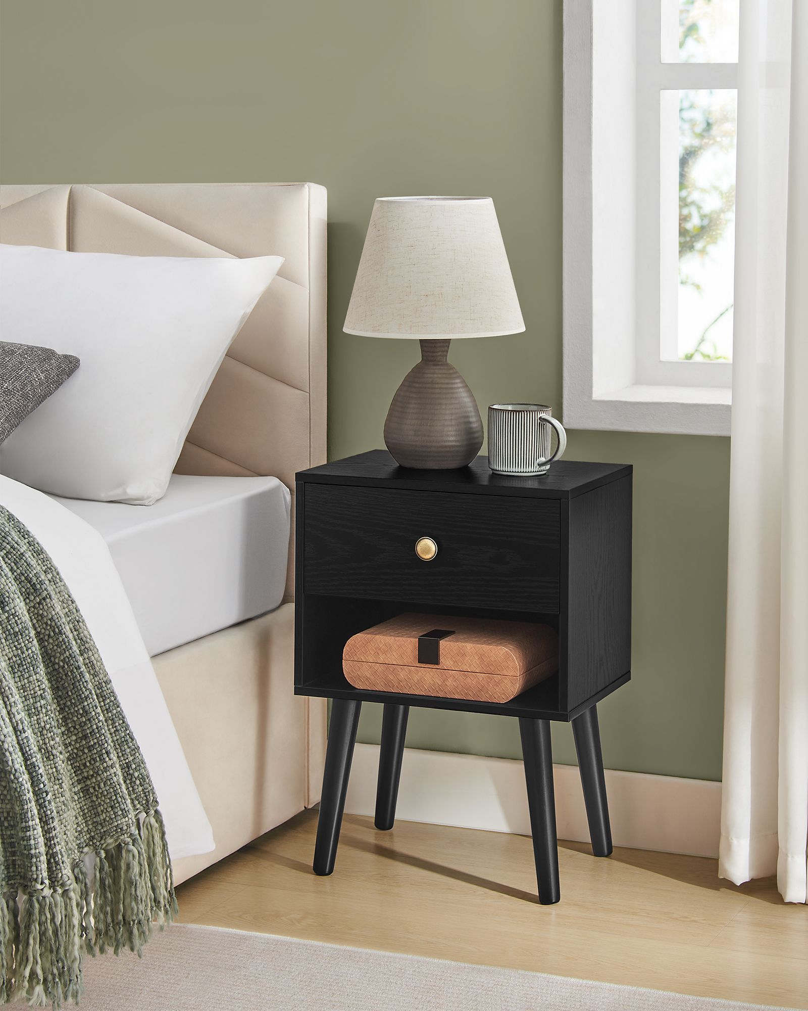 Bedside Table – Solid Wood – Ebony Black – Storage Drawer and Open Shelf