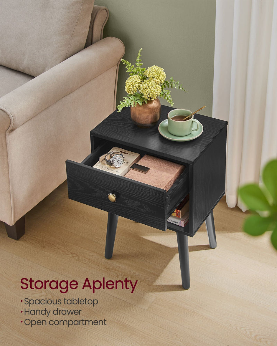 Bedside Table – Solid Wood – Ebony Black – Storage Drawer and Open Shelf