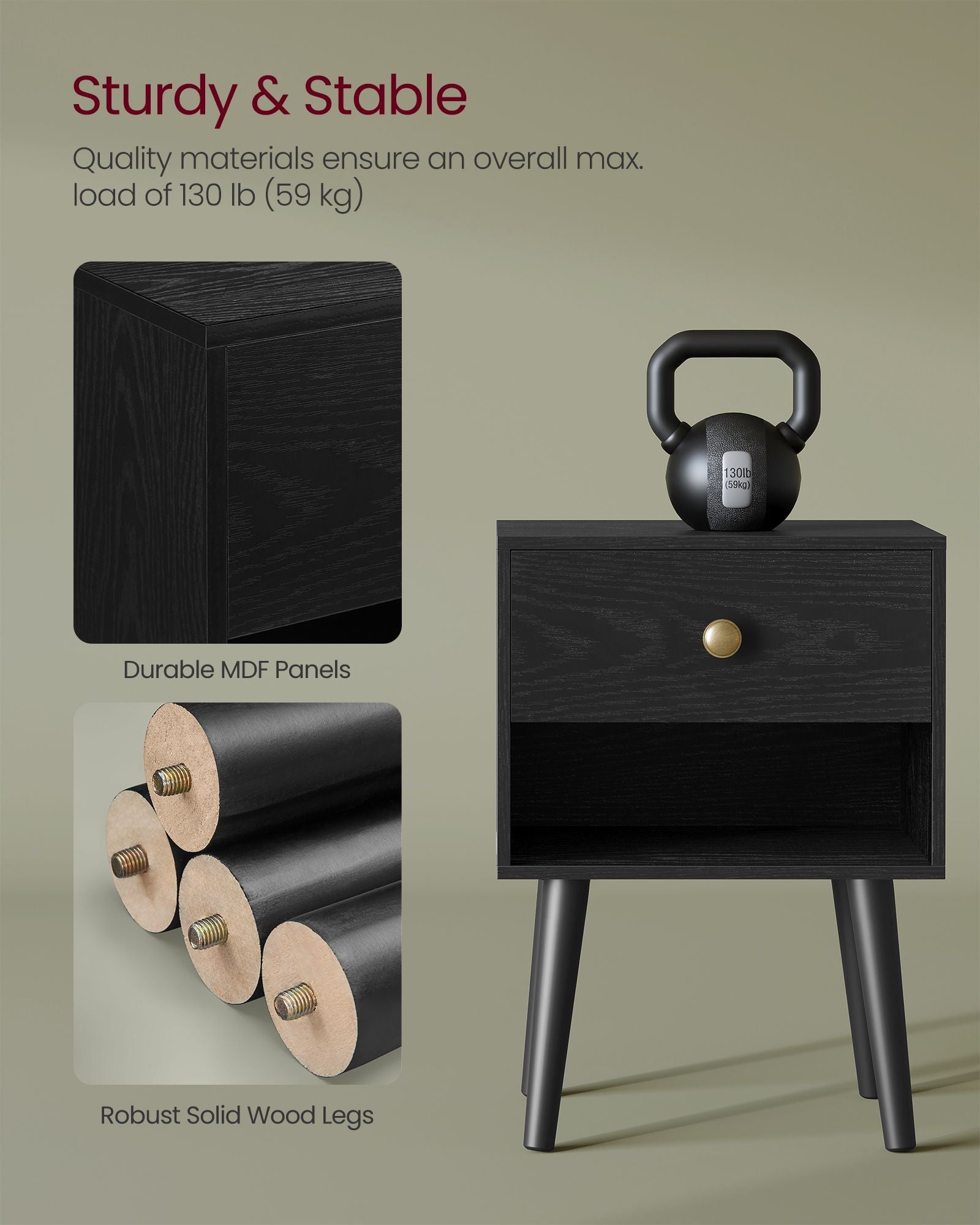 Bedside Table – Solid Wood – Ebony Black – Storage Drawer and Open Shelf