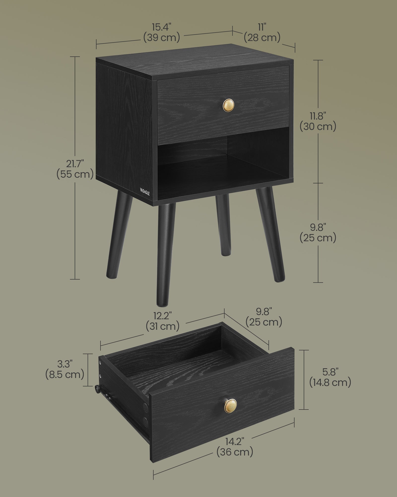 Bedside Table – Solid Wood – Ebony Black – Storage Drawer and Open Shelf