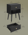 Bedside Table – Solid Wood – Ebony Black – Storage Drawer and Open Shelf