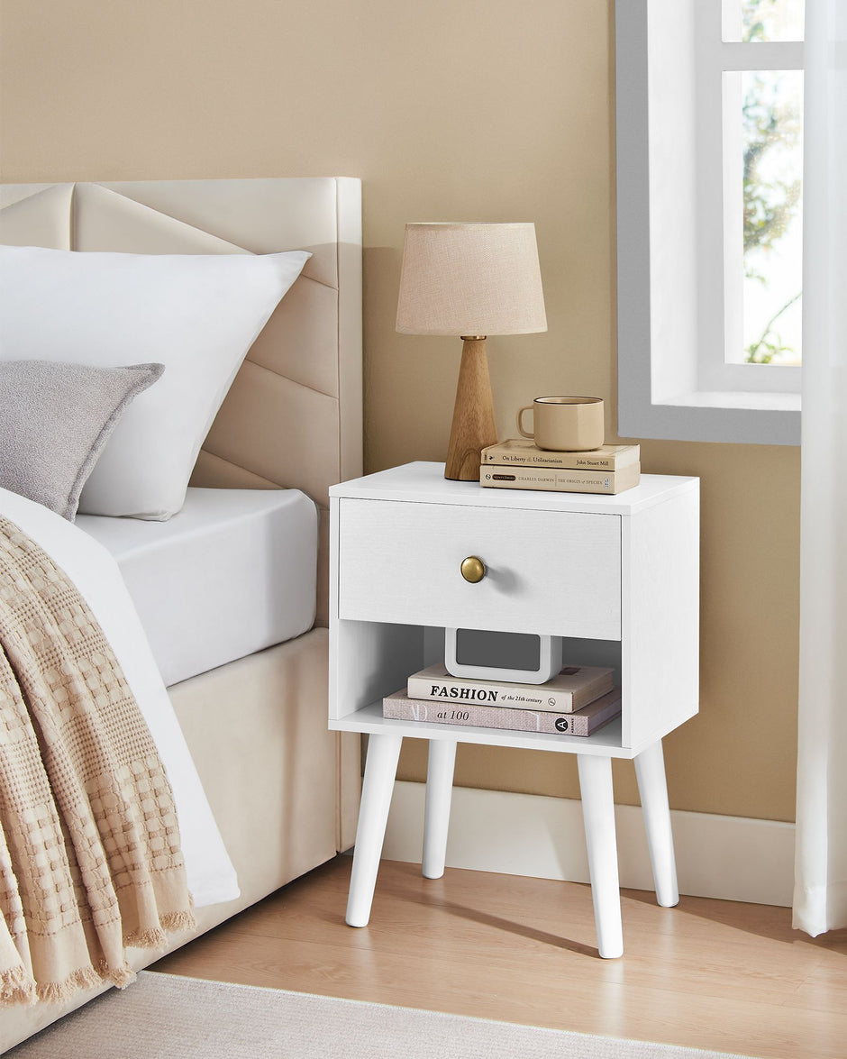 Bedside Table – Solid Wood – Cloud White – Storage Drawer and Open Shelf